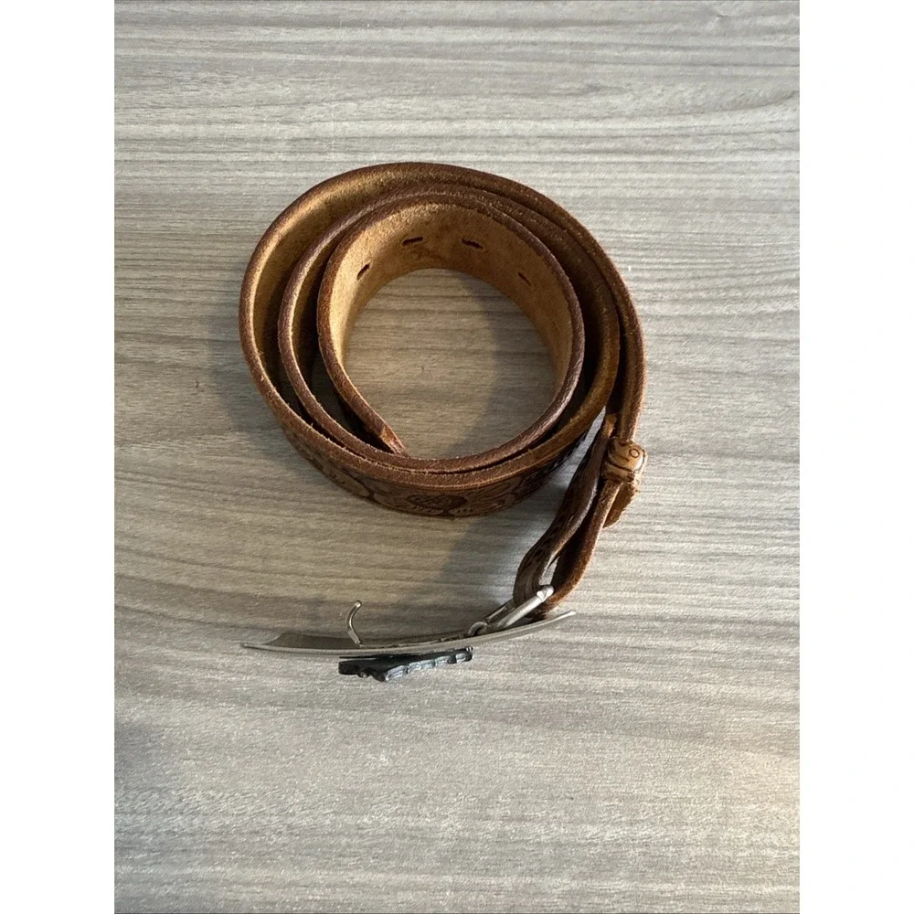Vintage Cardat Leather Engraved Belt W Pioneer Buckle Unisex Sz 32 Made In USA